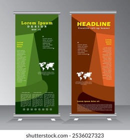 Enrolle el diseño de Plantilla de Vertical de Anuncio, para folleto, negocio, volante, infografía. Anuncio x moderno y enrolle la publicidad de Anuncio con verde y marrón, color, Ilustración vectorial
