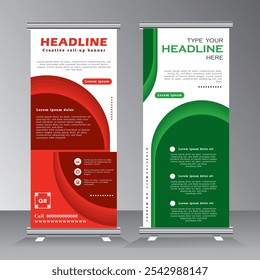 roll up banner vertical template design, for brochure, business, flyer, stand banner. modern x-banner and standee banner for advertising. vector illustration pull up banner with green and red color,