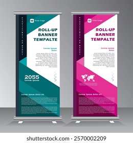 Roll up banner vertical template design, for brochure, business, flyer, modern x-banner and flag-banner advertising. Template vertical roll up banner with blue and pink color, vector illustration