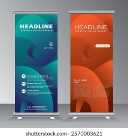 Roll up banner vertical template design, for brochure, business, flyer, modern x-banner and flag-banner advertising. Template vertical roll up banner with blue and orange color, vector illustration