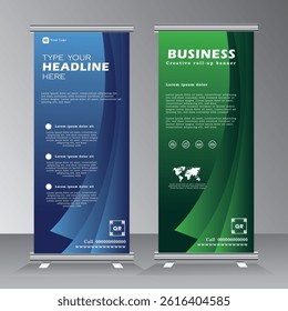 roll up banner vertical template design, for brochure, business, flyer, stand banner. modern x-banner and standee banner for advertising. vector illustration pull up banner with blue and green color,
