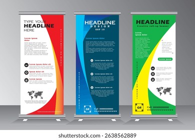 Roll up banner vertical template design, for brochure, business, flyer, modern x-banner and flag-banner advertising. Template vertical roll up banner with blue, green and orange color, vector
