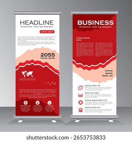 roll up banner vertical template design with red color, standee for business, flyer, infographics. stand banner, modern x-banner and flag-banner advertising. abstract vector illustration