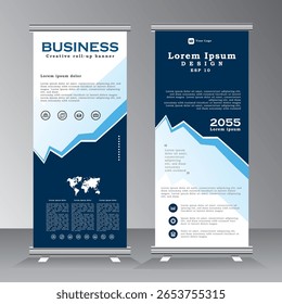 roll up banner vertical template design with blue color, standee for business, flyer, infographics. stand banner, modern x-banner and flag-banner advertising. abstract vector illustration