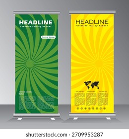 Enrolle el diseño de Plantilla de Vertical de Anuncio para folletos, negocios, folletos, Anuncio x moderno y publicidad de Anuncio de bandera. Plantilla Vertical enrollar Anuncio con color verde y amarillo, Vector EPS 10