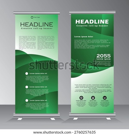 roll up banner vertical template design, for brochure, business, flyer, stand banner. modern x-banner and standee banner for advertising. vector illustration pull up banner with green color,