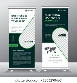 roll up banner vertical template designfor business and marketing , flyer, stand banner. modern x-banner and standee banner for advertising. vector illustration pull up banner with green color, 
