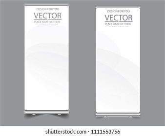 Roll up banner white standee business brochure template design. Exhibition advertising presentation. Geometric red and blue color. World map point and line composition concept of global business. 