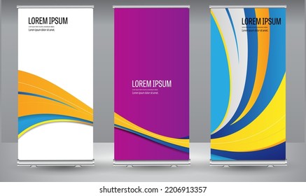 Roll up banner yellow line wave standee business brochure template design. Vertical Abstract colorful geometric texture background Can be adapt to Brochure, Report, Magazine, Poster.