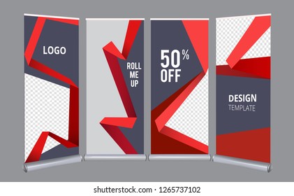 Roll up banners. Advertising stand office mall presentation vertical poster vector template