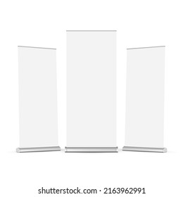 Roll Up Banners Mockups, Front and Side View, Isolated on White Background. Vector Illustration