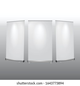 Roll up banners stand. Blank template mockup. Exhibition stand roll-up banners, isolated screens for your design.