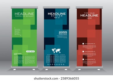 Roll up banners template design with blue , green and red colors.. Advertising banner with vertical template. standee, pull up banner, stand template. vector eps 10