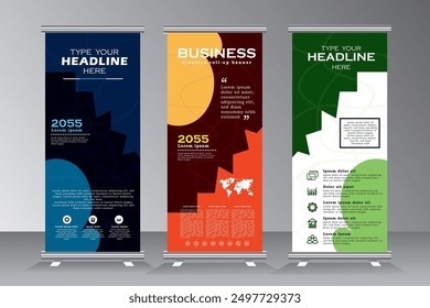 Roll up banners template design with three colors. vertical template for event, exhibition, fourm. Advertising banner with vertical template. standee, pull up banner, stand template. vector eps 10