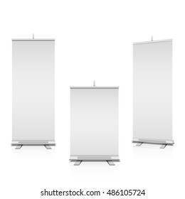 Roll up banners vector templates. Poster for presentation from canvas illustration