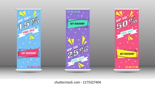 Roll up big sale banner brochure flyer banner design template, abstract background, pull up design, modern x-banner, rectangle size.