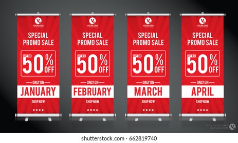 Roll up big sale banner brochure flyer banner design template, abstract background, pull up design, modern x-banner, rectangle size.