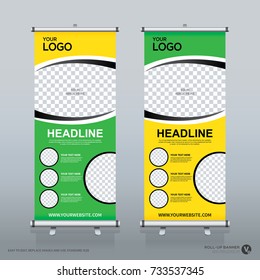 Roll up brochure banner design template, abstract background, pull up design, modern x-banner and flag-banner, rectangle size. Green and Yellow