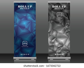 Planta de diseño de banner de volante de folletos vectorial, fondo de patrón triangular abstracto, banner x moderno, tamaño de rectángulo, tema azul oscuro y azul claro...