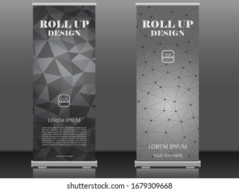 Roll up brochure flyer banner design template vector, abstract triangle pattern background, modern x-banner, rectangle size. black & gray theme.