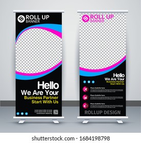 Roll up brochure flyer banner design vertical template vector, abstract geometric background, modern x-banner and flag-banner, rectangle size.