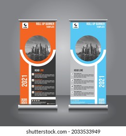 Roll up brochure flyer banner design vertical vector template, orange, blue, background, modern x-banner and flag-banner, rectangle size.