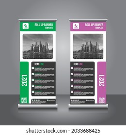 Roll up brochure flyer banner design vertical vector template, green, purple, background, modern x-banner and flag-banner, rectangle size.