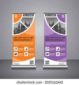 Roll up brochure flyer banner design vertical vector template, orange, purple, background, modern x-banner and flag-banner, rectangle size.