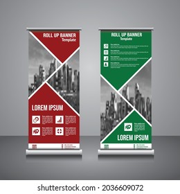 Roll up brochure flyer banner design vertical vector template, green, red background, modern x-banner and flag-banner, rectangle size.