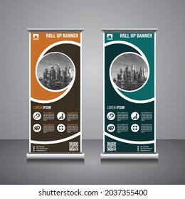 Roll up brochure flyer banner design vertical vector template retractable, orange, blue, background, modern x-banner and flag-banner, rectangle size.