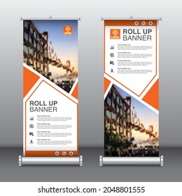 Roll up folletos flyer diseño de banner de plantilla vertical vector, fondo geométrico abstracto, moderno x-banner y banner-bandera, tamaño rectangular, Ilustración vectorial. EPS10