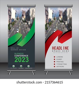 Roll up brochure flyer banner design template. Green and red color. Vector illustration