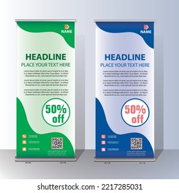 Roll up brochure flyer banner design template vector, abstract geometric background, modern x-banner, rectangle size.