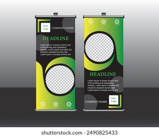 Roll up brochure flyer banner design template vector, abstract background, modern x-banner, rectangle size. Green roll up banner