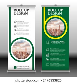 Roll Up Brochure Flyer Banner Design Template Vector, Abstract Background, Modern X - Banner, Green and Yellow, Rectangle Size