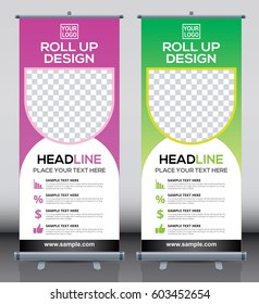 Roll up brochure flyer banner design template, abstract background, pull up design, modern x-banner, rectangle size.