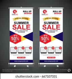 Roll up brochure flyer banner design template, abstract background, pull up design, modern x-banner, rectangle size.