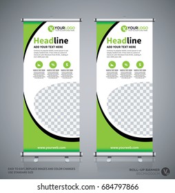 Roll up brochure flyer banner design template, abstract background, pull up design, modern x-banner, rectangle size.