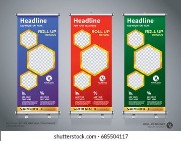 Roll up brochure flyer banner design template, abstract background, pull up design, modern x-banner, rectangle size.