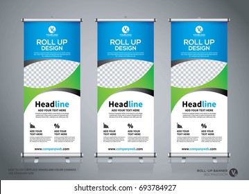 Roll up brochure flyer banner design template, abstract background, pull up design, modern x-banner, rectangle size.