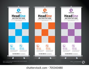 Roll up brochure flyer banner design template, abstract background, pull up design, modern x-banner, rectangle size.