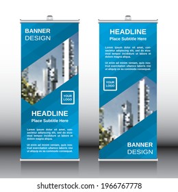 Roll up brochure flyer banner templates , vector design , abstract geometric backgrounds , modern x-banner and flag banner, rectangle size, blue color.