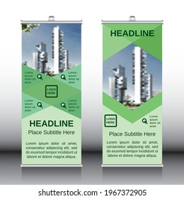 Roll up brochure flyer banner templates , vector design , abstract geometric backgrounds, modern x-banner and flag banner, rectangle size, green color.