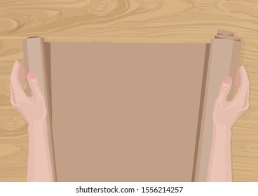 Roll of brown parchment paper in female hands, top view. Vector illustration.