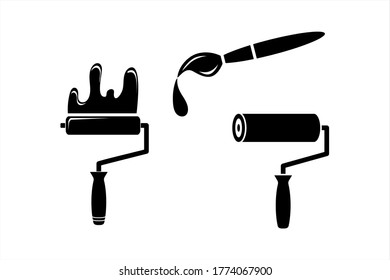 Rollo y pincel con esténcil de colocar aislado en blanco. Iconos para construcción y reparación. Ilustración de material vectorial. EPS 10