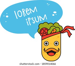 Roll with bubble vector logo element. Template for restaurant menu design and social networks. Cheerful character isolated background