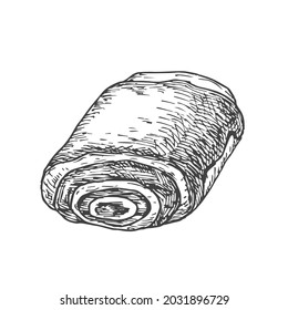 Handgezeichnete Doodle-Vektorgrafik von Roll Bun. Bäckerei Sketch Style Zeichnung. Einzeln.