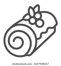 Icono de la línea del bollo del rollo, concepto de los dulces del desierto. Gráficos de Vector. Bollo fresco con semillas de amapola en glaseado y signo de bayas sobre fondo blanco, icono de estilo de contorno para móvil o Diseño web