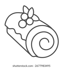 Roll bun thin line icon, desert sweets concept. Vector graphics. Fresh bun with poppy seeds in glaze and berries sign on white background, outline style icon for mobile or web design