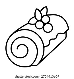Icono de línea delgada del bollo del rollo, concepto de dulces del desierto. Gráficos de Vector. Bollo fresco con semillas de amapola en glaseado y signo de bayas sobre fondo blanco, icono de estilo de contorno para móvil o Diseño web